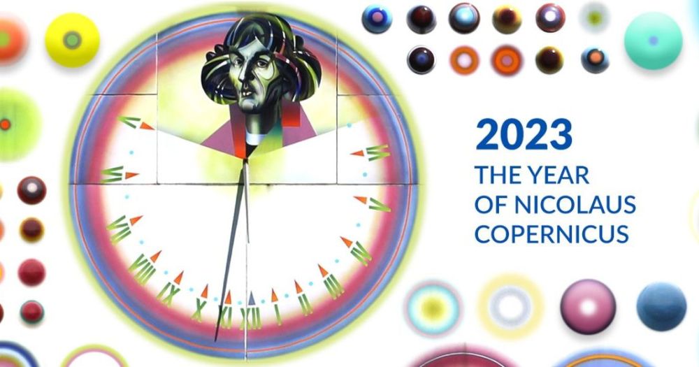 Graphic showing a mosaic by Stefan Knapp and the inscription 2023 - Year of Nicolaus Copernicus