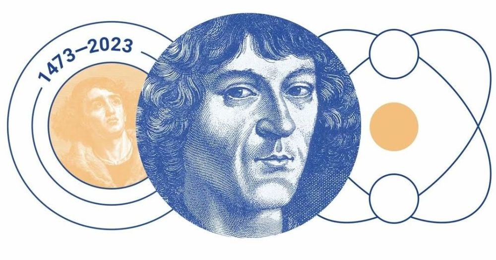 Projekt graficzny z wizerunkiem Mikołaja Kopernika i rokiem jego urodzin i śmierci.